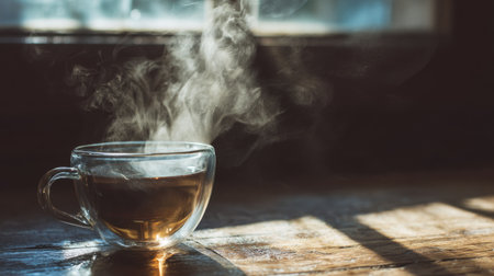 A steaming glass of hot beverage rests on a wooden table, illuminated by soft morning light filtering through a window, creating a serene atmosphere.の素材