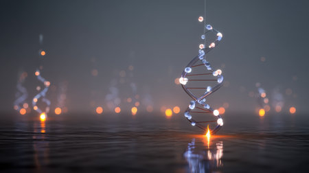 Captivating image of a DNA helix with glowing nodes, mirrored on a still water surface, set in a softly lit ambient background, symbolizing life and innovation.の素材
