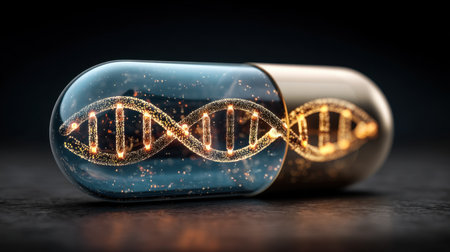 A captivating image of a transparent capsule containing a glowing DNA structure, symbolizing advancements in genetics and biotechnology.の素材