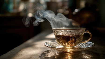 A beautifully crafted vintage tea cup with steam rising, resting on an elegant saucer. The warm lighting enhances a cozy and inviting atmosphere.の素材