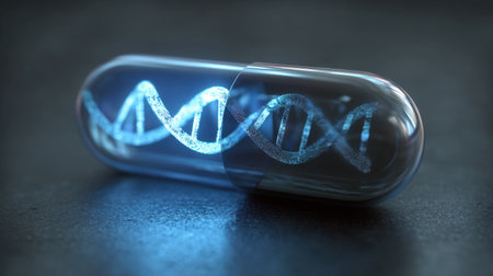 This image showcases a glass capsule containing a glowing DNA double helix, symbolizing advancements in genetics, biotechnology, and medical research.の素材
