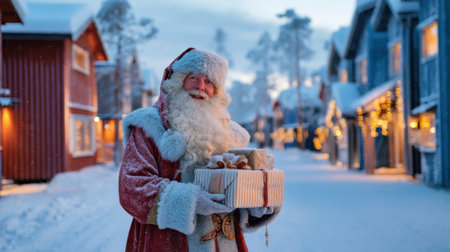 A joyful Santa Claus stands in a winter wonderland, holding a stack of colorful gifts. The snowy street, adorned with festive decorations, creates a magical holiday atmosphere.の素材
