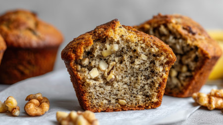 A slice of banana walnut muffin reveals its moist, fluffy texture with chunks of walnuts, perfect for breakfast or a sweet snack.の素材