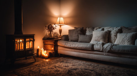 This charming living room features a cozy sofa adorned with soft cushions, warm lighting from a lamp, and flickering candles, creating a tranquil retreat perfect for relaxation.の素材