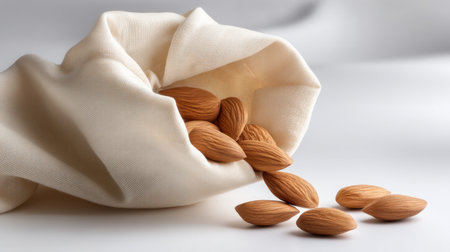 A visually appealing scene featuring almonds gently spilling from a soft white cloth, perfect for showcasing natural and healthy food concepts.の素材