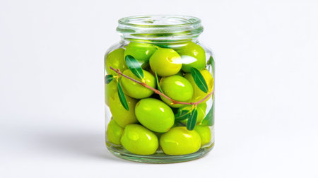 A visually appealing image of fresh green olives in a glass jar, featuring an olive branch and leaves, perfect for culinary presentations and healthy recipes.の素材