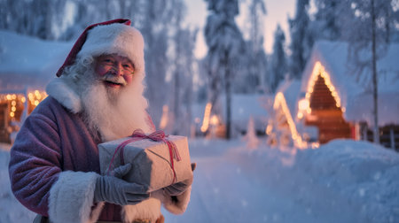 A joyful Santa Claus stands in a snowy landscape, holding a festive gift. Surrounding him are beautifully lit cabins, creating a magical holiday atmosphere.の素材