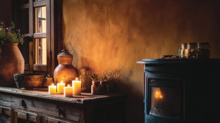 A warm and inviting interior featuring candles glowing softly, rustic decor elements, and a cozy atmosphere that promotes tranquility. Perfect for inspiring comfort.の素材