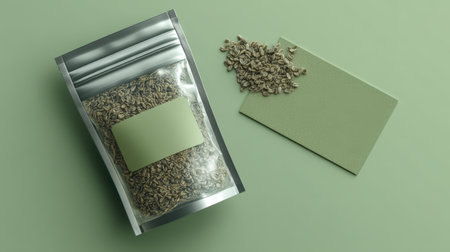 A visually appealing close-up image featuring a sealed package filled with seeds on a soft green background. The blank label on the package invites customization for branding or personal use. Ideal for health, gardening, or food-related projects.の素材