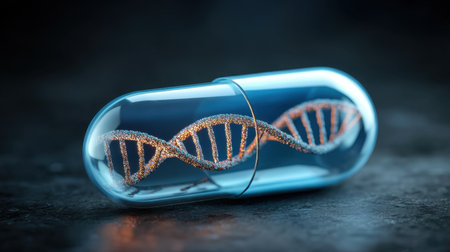 A transparent capsule encloses a radiant DNA strand, symbolizing cutting-edge advancements in biotechnology and genetic research for medicine.の素材
