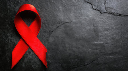 A striking red awareness ribbon rests against a dark slate background, representing a commitment to health causes and social movements dedicated to advocacy and support.の素材