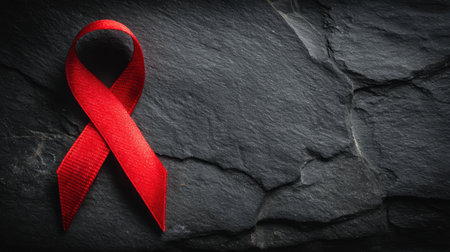 A striking red ribbon placed on a textured dark stone surface symbolizes awareness and advocacy for important health issues, encouraging support and recognition.の素材