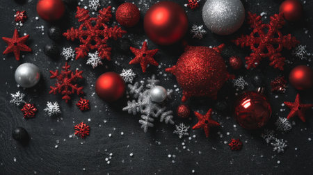 A vibrant arrangement of red and silver Christmas ornaments, snowflakes, and glitter creates a festive atmosphere suitable for holiday celebrations.の素材