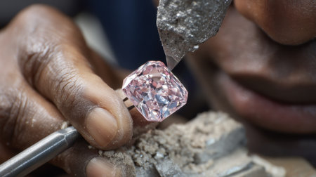 A skilled artisan jeweler focuses intently while handcrafting a unique pink gemstone, highlighting precision in a serene workshop setting.の素材