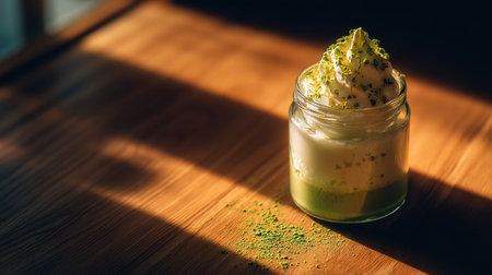 This appealing matcha dessert features a creamy base topped with whipped cream and green tea powder, beautifully lit by natural sunlight.の素材
