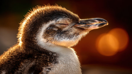 This charming close-up captures a young penguin chick with closed eyes, basking in warm light, showcasing its fluffy feathers and peaceful nature.の素材