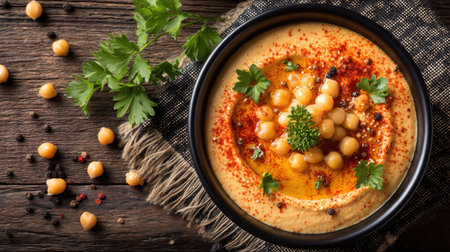 Delicious creamy hummus served in a black bowl, topped with chickpeas, olive oil, and fresh parsley. Perfect for appetizers or snacks.の素材