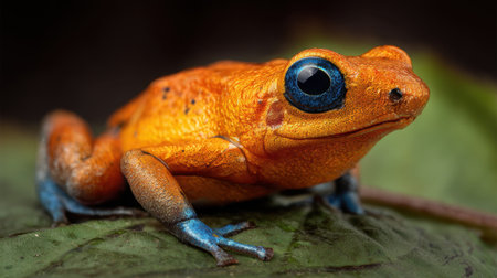 This stunning macro shot captures a vibrant orange frog with remarkable blue eyes resting on a leaf, showcasing the beauty of wildlife in the rainforest.の素材