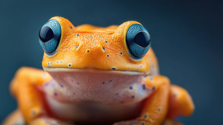 This close-up image captures a stunning orange frog with vivid blue eyes. The photograph highlights the intricate details and colors of this exotic creature, thriving in its natural habitat.の素材