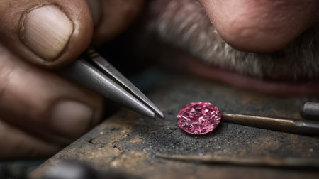 An artisan meticulously examines a vibrant pink gemstone using precision tools, highlighting the delicate process of jewelry craftsmanship in a workshop.の素材