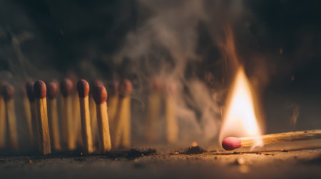 This captivating image captures the moment a match ignites, surrounded by others poised in a dark setting, showcasing the beauty and tension of fire.の素材