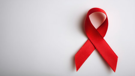 A striking red ribbon on a neutral background symbolizes awareness and support for HIV/AIDS, representing hope and unity in health advocacy efforts.の素材
