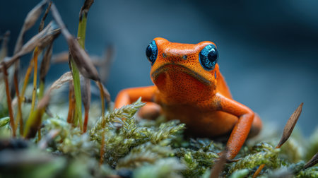 This captivating macro image features a vibrant orange frog resting on lush green moss. The striking colors and intricate details highlight the beauty of wildlife in its natural habitat.の素材