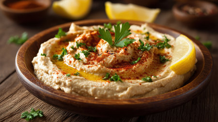 This vibrant image features a creamy hummus dip garnished with olive oil and paprika, accompanied by lemon slices and fresh parsley, perfect for any gathering.の素材