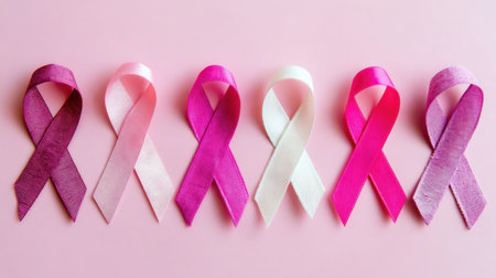 Six pink ribbons arranged in a row on a soft pink background, symbolizing support and awareness for health-related causes and events.の素材