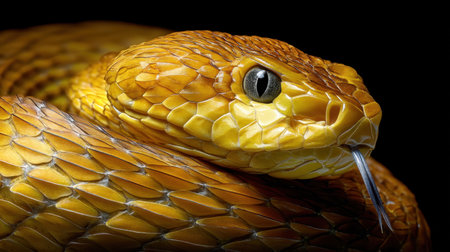 This stunning close-up showcases a golden snake with intricate scales and vivid colors. Set against a dark backdrop, the image highlights the reptile's details, creating an engaging view of wildlife.の素材