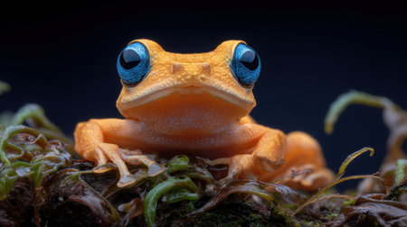 This stunning close-up features an orange frog with striking blue eyes, perched on green moss against a dark backdrop, showcasing its unique beauty.の素材