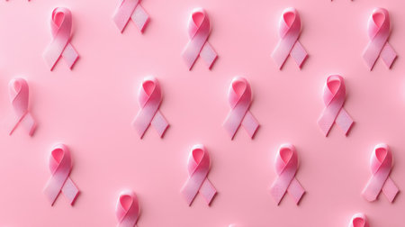 A vibrant pattern of pink ribbons beautifully arranged on a soft pink background, representing awareness and support for breast cancer initiatives.の素材