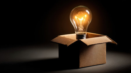 A glowing light bulb emerges from an open cardboard box, illustrating concepts of innovation and creativity against a dark background.の素材