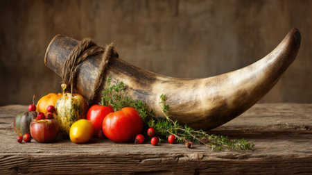 A stunning arrangement of seasonal fruits and herbs displayed in a rustic horn on a wooden table captures the essence of autumn's bounty. Perfect for fall themes.の素材