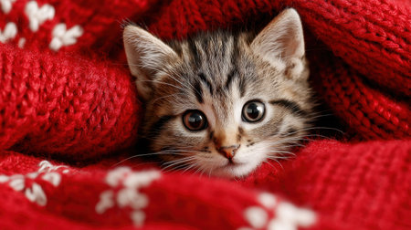 This delightful image features an adorable tabby kitten peeking out from a cozy red blanket, creating a heartwarming and inviting scene perfect for pet lovers.の素材