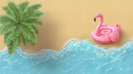 A serene beach scene featuring a pink flamingo float resting in the turquoise water, surrounded by sand and a lush palm tree.の素材