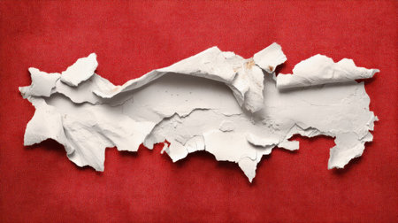 A striking visual of torn white paper set against a bold red background, showcasing intricate textures and creating a dynamic focal point for creative projects.の素材