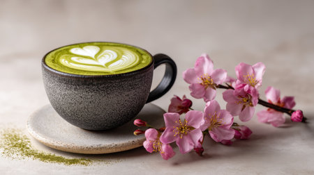 A beautifully crafted matcha latte in a textured cup, accented with vibrant cherry blossoms, perfect for a serene moment of enjoyment.の素材