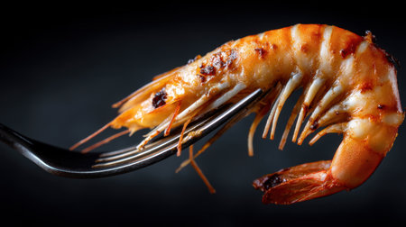 A beautifully grilled shrimp held by a fork showcases the perfect blend of texture and flavor, ideal for food enthusiasts and culinary art.の素材