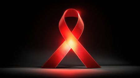 A striking red ribbon stands as a powerful symbol of hope and awareness against health issues. Its vivid color shines against a dark background, representing solidarity and support for various causes.の素材