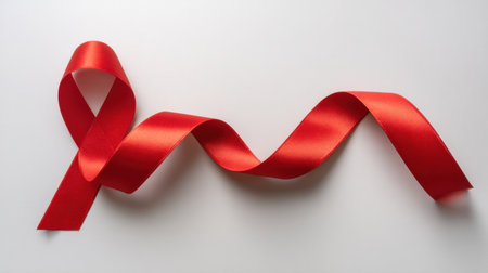 A vibrant red satin ribbon elegantly twisted into a loop on a pristine white surface. This image captures beauty and simplicity, ideal for various creative uses.の素材