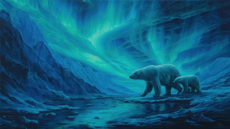 This stunning image features a mother polar bear and her cub walking gracefully along a river under the enchanting aurora borealis, capturing a tranquil Arctic night.の素材
