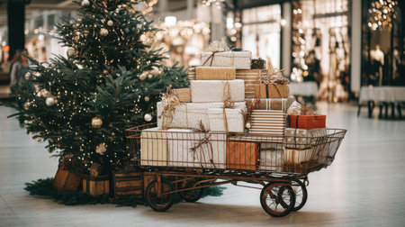 A charming holiday scene featuring a vintage cart stacked with beautifully wrapped gifts beside a beautifully decorated Christmas tree in a shopping center.の素材