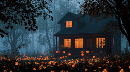 A captivating house nestled in a misty forest, illuminated by warm glowing mushrooms, creating a magical and serene twilight scene.の素材