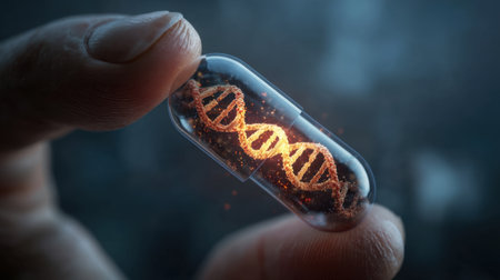 A close-up of a hand holding a transparent capsule with a glowing DNA helix inside symbolizes the fusion of science and medicine, showcasing the potential of genetics in innovation and healthcare advancements.の素材