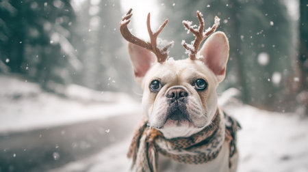 A delightful French Bulldog sporting antlers and a cozy scarf stands in a serene winter landscape. The gentle snowfall adds magic to this adorable scene.の素材