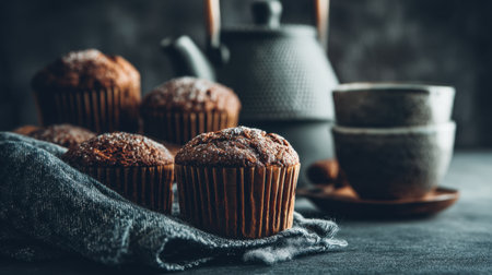 Indulge in the warmth of freshly baked chocolate muffins, served alongside a stylish teapot and ceramic cups, perfect for any cozy gathering.の素材