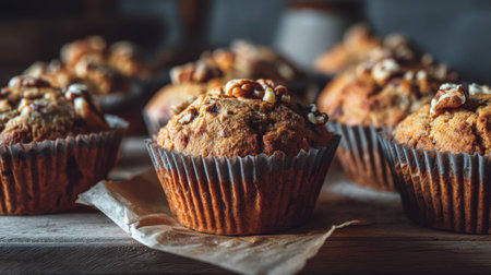 A charming display of freshly baked muffins with nuts, arranged on a rustic wooden table, showcasing warmth and delightful texture. Perfect for food lovers.の素材