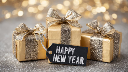 This festive image features beautifully wrapped gifts adorned with glittery bows, perfect for welcoming the New Year with joy and cheer.の素材