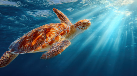 A stunning image of a sea turtle gracefully gliding through the clear blue ocean, illuminated by bright sunlight rays filtering through the water surface.の素材